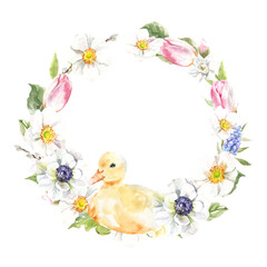 Watercolor spring floral wreath illustration, Easter flowers arrangement, tulip,anemone,rose wreath, frame, for wedding stationery, nursery decor, greenery botanical save the date, baby shower diy