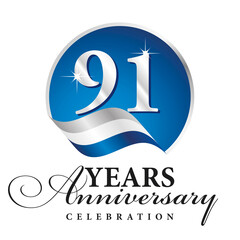 Anniversary 91 years celebration logo silver white blue ribbon background