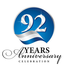 Fototapeta na wymiar Anniversary 92 years celebration logo silver white blue ribbon background