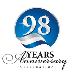 Fototapeta na wymiar Anniversary 98 years celebration logo silver white blue ribbon background