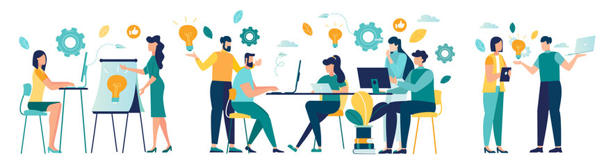 group office workers work office or coworking space. tables with computers and laptops, have dialogue and communicate at workplace between colleagues. analyse and develop business strategy vector