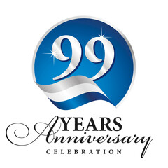 Anniversary 99 years celebration logo silver white blue ribbon background