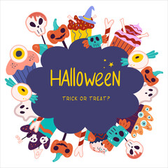 Fototapeta premium Halloween vector template isolated on a white background. A template with the text trick or treat. Sticker with scary sweets.