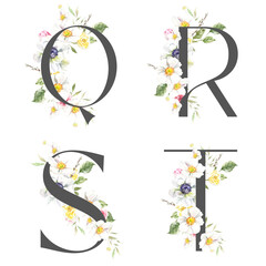 Watercolor Grey Spring Floral Alphabet letters Q, R, S, T with flowers. Easter botanical Floral letters set element for baby shower invite, Monogram for wedding, logo, frame art, poster, new baby name