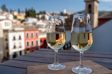 Fototapeta na wymiar Tasting of sweet and dry fortified Vino de Jerez sherry wine with view on roofs and houses of old andalusian town