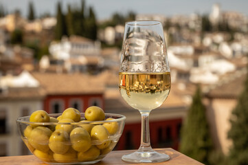 Tasting of Spanish sweet and dry fortified Vino de Jerez sherry wine and green olives with view on roofs and houses of old andalusian town