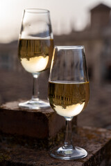 Tasting of sweet and dry fortified Vino de Jerez sherry wine with view on roofs and houses of old andalusian town