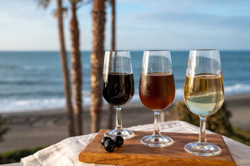 Tasting of Spanish sweet and dry fortified Vino de Jerez sherry wine and green olives with view on...