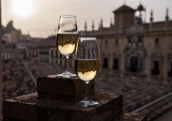Tasting of sweet and dry fortified Vino de Jerez sherry wine with view on roofs and houses of old andalusian town