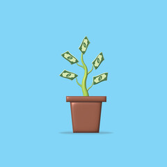 Financial Growth concept, flower pot on blue background.