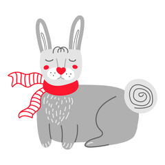 Fototapeta na wymiar Funny cartoon rabbit in red scarf during Christmas holidays. Vector illustration on a white background 