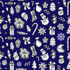seamless pattern of linear Xmas icons on blue background. Vector illustration