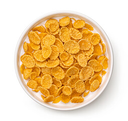 Corn flakes with milk isolated on white, top view