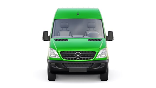 Berlin, Germany. April 28, 2022: Mercedes-Benz Sprinter. Green European commercial van isolated on white background. 3d illustration