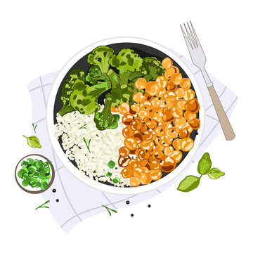 Chickpeas With Rice And Broccoli Bowl Top View,cartoon Realistic Drawing,vector Illustration Isolated On White Background.Healthy Vegetarian Food Concept.Vegan Plate With Beans And Vegetables.