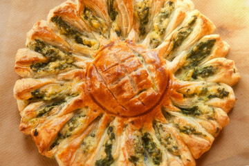 Delicious pie with spinach and ricotta cheese in the shape of a sunflower