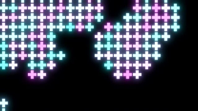 Background with mosaic symbols moving on black background. Design. Neon pluses move in retro style. Glowing crosses move in mosaic chain