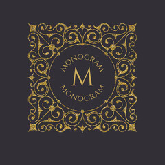 Gold square frame monogram. Classic decorative element.