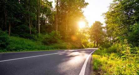 Asphalt road panorama in countryside on sunny summer day