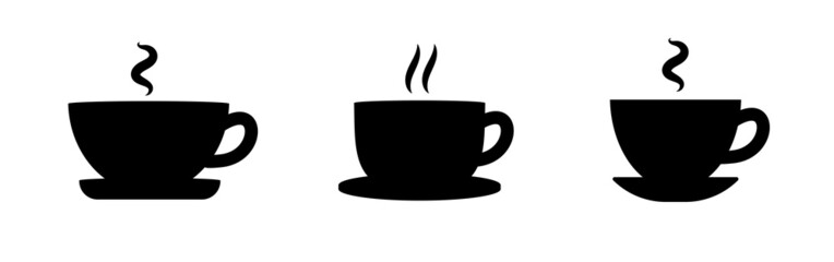 Cuppa. Set of black icons of tea or coffee cups. Hot drink with steam. Vector clipart isolated on white background.