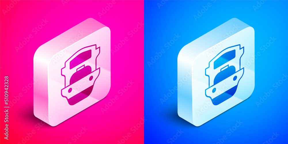 Sticker Isometric Oil tanker ship icon isolated on pink and blue background. Silver square button. Vector