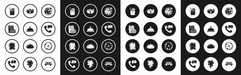 Set Pizza, Covered with tray of food, Burger and french fries in carton package box, Asian noodles paper chopsticks, Food ordering, Nachos plate, and Sandwich icon. Vector