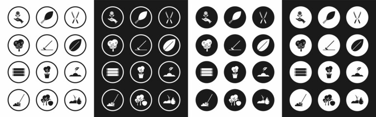 Set Gardening handmade scissors for trimming, rake work, Tree with apple, Hand holding flower, Leaf, Sprout and Wooden box icon. Vector