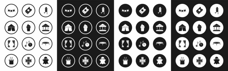 Set Firework rocket, Ice cream in waffle cone, Circus tent, Carnival garland with flags, Attraction carousel, Ticket, Jumping trampoline and Curtain icon. Vector