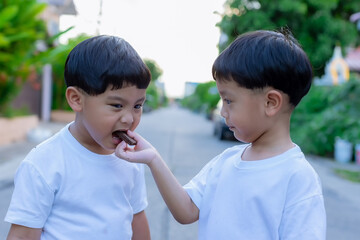 Child have enjoy for eating chocolate wafer. Little boy eating a wafer outdoors
