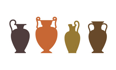 Vase silhouettes set. Various antique ceramic vases. Ancient greek jars and amphorae silhouettes with texture. Clay vessels pottery. Vector - obrazy, fototapety, plakaty
