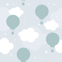 Obraz premium Vector hand drawn seamless pattern with white clouds and balloons on a blue background. Modern trendy children's wallpapers, textiles, prints for baby clothes.