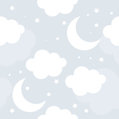 Vector hand drawn seamless pattern with clouds, stars and moon. On a blue background. Children's 3D wallpaper, textiles, print for clothes.