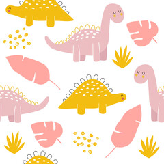 Vector hand drawn bright cute dinosaurs and tropical leaves. Dots and bushes in doodle style. Seamless pattern. Children's wallpaper.