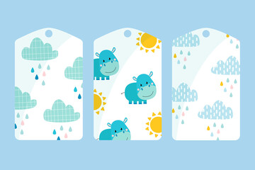 Vector. Drawn printed labels. Pattern on labels for clothing or packaging. Pattern with hippopotamus clouds and drops. Pattern with hippo sun and clouds.
Set of shortcuts.