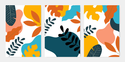 Set of banners, advertising posters, wall posters. For websites. Summer design, tropical leaves. Vector hand drawing. Template. Modern design.