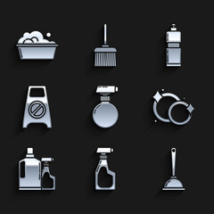 Set , Cleaning spray bottle with detergent liquid, Toilet plunger, Washing dishes, Plastic bottles for dishwashing, Wet floor and cleaning progress, and basin soap suds icon. Vector
