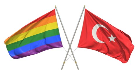 Flags of Turkey and LGBTQ on white background. 3D rendering