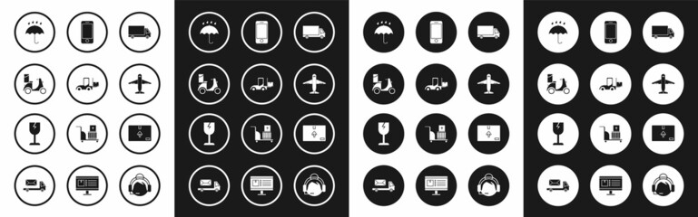 Set Delivery cargo truck vehicle, Forklift, Scooter delivery, Umbrella and rain drops, Plane, Mobile phone with app tracking, Cardboard box traffic symbol and Fragile broken glass icon. Vector