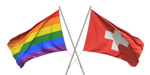 Flags of Switzerland and LGBTQ on white background. 3D rendering