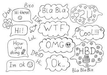 Speech bubbles set with expression text HI, OK, LOL, WTF, OMG, HBD, COOL, 2U, BLA,BLA, IMHO and other abbreviations and elements isolated on white background. Pop art style. Vector illustration.