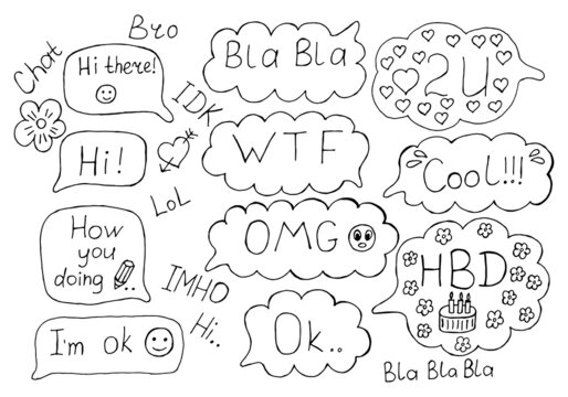 Speech bubbles set with expression text HI, OK, LOL, WTF, OMG, HBD, COOL, 2U, BLA,BLA, IMHO and other abbreviations and elements isolated on white background. Pop art style. Vector illustration.