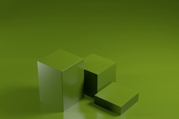 Three green cube podium for product display, green background scene with geometrical forms. empty showcase 3d rendering