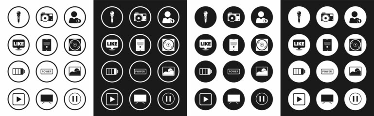 Set Add to friend, Tablet, Like in speech bubble, Microphone, Vinyl disk, Photo camera, Picture landscape and Battery charge level indicator icon. Vector