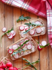 Redish brusketta on the wood table