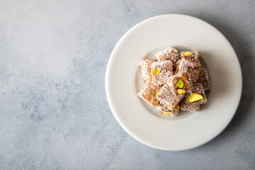 Traditional pistachio Turkish delight in a plate