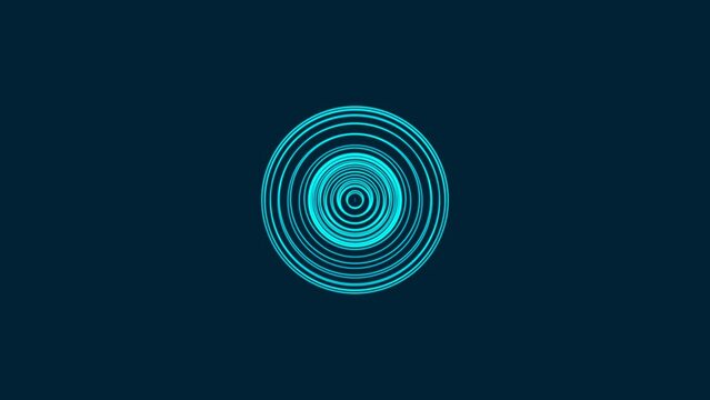 Glowing animated sphere inside sphere symbol. Random rotating circles. Pattern connecting blue lines. Echolocation. Hypnosis. Background presentation, technology, business, intro, screensaver. 4k