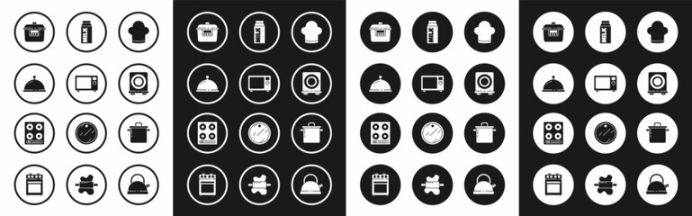 Set Chef hat, Microwave oven, Covered with tray of food, Slow cooker, Electric stove, Paper package for milk, Cooking pot and Gas icon. Vector