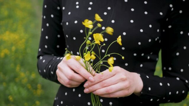 Close up of caucasian girl in black dotted dress holding a small yellow bouquet of wildflowers in the wind. Beautiful delicate feminine white hands holding a bunch of flowers outdoors in nature
