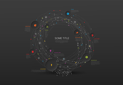 Simple Dark Infographic with Circle Icons Elements on Abstract Circle Paths