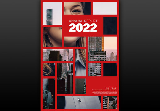 Red Annual Report Front Cover Page Template with Two Photo Mosaic Placeholder